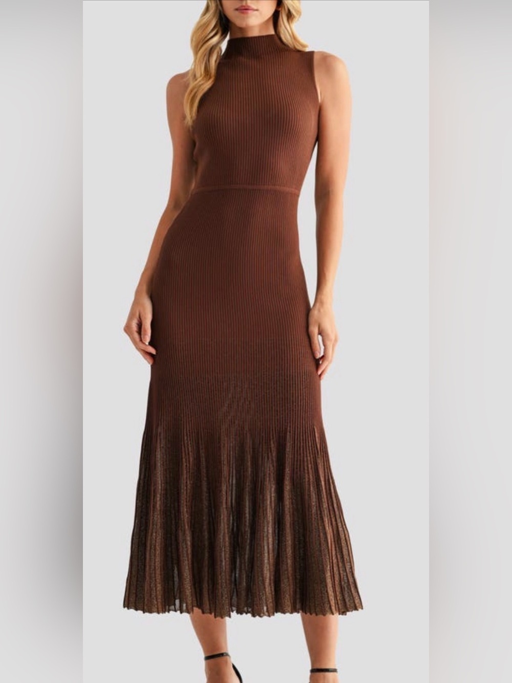 Mila Mae Brown Ribbed Knit Midi Maxi Dress Gold Metallic Hem Size M NWT